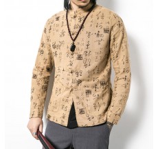 Chinese Knot Buckle Vintage Printing Mandarin Collar Linen Shirts Coat for Men